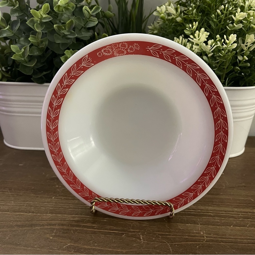 Vintage Small Pyrex Bowl, Double Tough, White With Red Leaf Rim, 6.5”x1.5”